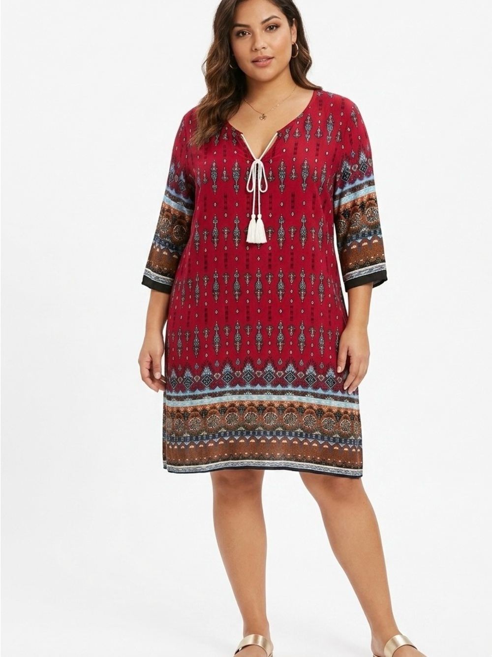 Plus-Size Red Printed Tassel Tie Swim Cover-Up